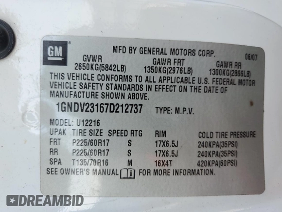 2007 Chevrolet Uplander LS Fleet with VIN 1GNDV23167D212737, listed as a Copart auction lot 61739114 with 117,022 mi miles and Clean Title. Bid and sale history available at carsss.com. Image 13.