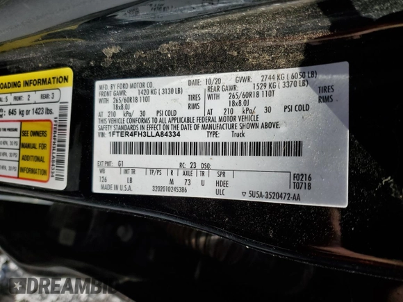 2020 Ford Ranger XL with VIN 1FTER4FH3LLA84334, listed as a Copart auction lot 58409925 with 77,897 mi miles and Salvage title. Bid and sale history available at DreamBid. Image 12.