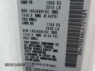 2020 Nissan NV200 S with VIN 3N6CM0KN8LK707089, listed as a Copart auction lot 54737465 with Not provided miles and Salvage title. Bid and sale history available at DreamBid. Image 14.