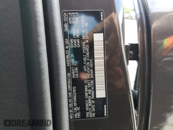 2024 Volvo S60 Core Dark Theme with VIN 7JRL12FK6RG321612, listed as a Copart auction lot 55588135 with 18,912 mi miles and Salvage title. Bid and sale history available at DreamBid. Image 12.
