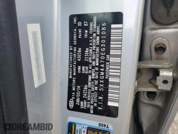 2014 Kia Optima LX with VIN 5XXGM4A70EG301086, listed as a Copart auction lot 61846685 with 157,622 mi miles and Salvage title. Bid and sale history available at DreamBid. Image 13.