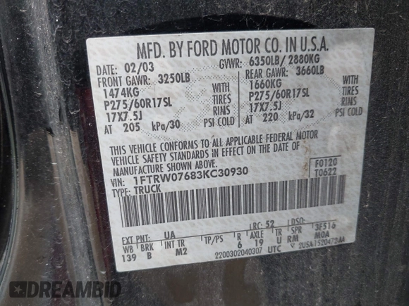 2003 Ford F-150 XLT with VIN 1FTRW07683KC30930, listed as a IAAI auction lot 42482529 with Not provided miles and . Bid and sale history available at DreamBid. Image 9.