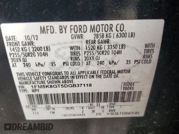 2013 Ford Explorer Sport z VIN 1FM5K8GT5DGB37118, wystawiony jako Copart lot #50550695 z przebiegiem 180 572 mil mil oraz Szkody całkowita. Historia ofert i sprzedaży dostępna na DreamBid. Obrazek 15.