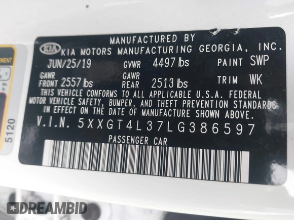 2020 Kia Optima LX with VIN 5XXGT4L37LG386597, listed as a IAAI auction lot 41934068 with 133,820 mi miles and . Bid and sale history available at DreamBid. Image 9.