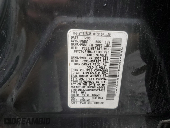 2006 Nissan Murano SL z VIN JN8AZ08W86W524476, wystawiony jako Copart lot #60346525 z przebiegiem 139 970 mil mil oraz Czysty tytuł • Clean title. Historia ofert i sprzedaży dostępna na DreamBid. Obrazek 13.