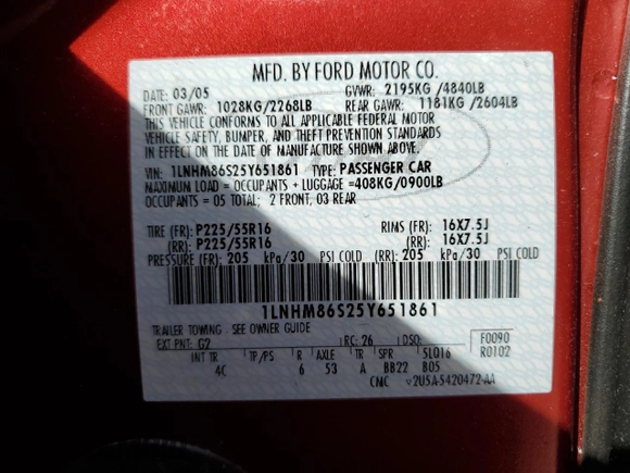 2005 Lincoln LS Luxury z VIN 1LNHM86S25Y651861, wystawiony jako Copart lot #54118585 z przebiegiem 186 107 mil mil oraz Szkoda całkowita • Salvage title. Historia ofert i sprzedaży dostępna na DreamBid. Obrazek 12.