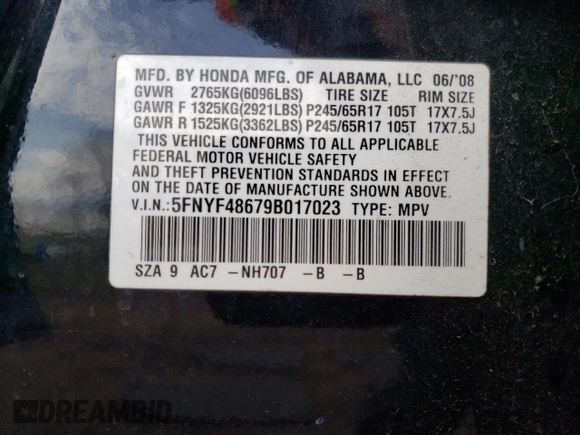2009 Honda Pilot EX-L with VIN 5FNYF48679B017023, listed as a Copart auction lot 50748695 with 186,273 mi miles and Salvage Title. Bid and sale history available at carsss.com. Image 15.