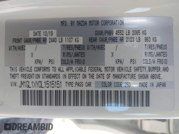 2020 Mazda 6 Signature with VIN JM1GL1XY0L1515151, listed as a IAAI auction lot 41499318 with 46,474 mi miles and . Bid and sale history available at DreamBid. Image 9.