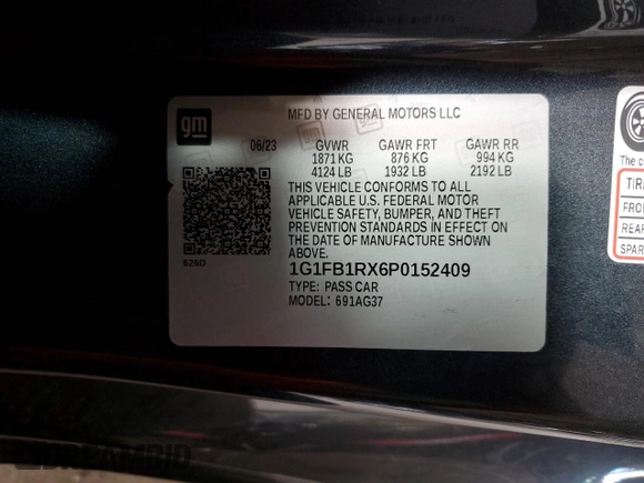 2023 Chevrolet Camaro 1LS with VIN 1G1FB1RX6P0152409, listed as a Copart auction lot 45877824 with 11,503 mi miles and Salvage Title. Bid and sale history available at carsss.com. Image 12.