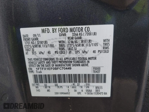 2011 Ford F-150 XL with VIN 1FTFX1EF0BFC70449, listed as a IAAI auction lot 41965403 with Not provided miles and . Bid and sale history available at DreamBid. Image 9.