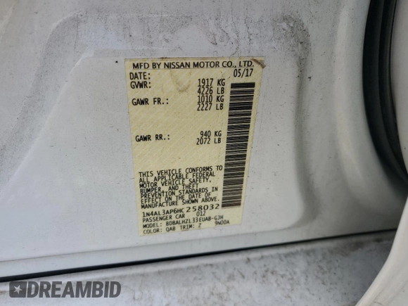 2017 Nissan Altima SR with VIN 1N4AL3AP6HC258032, listed as a Copart auction lot 53995265 with Not provided miles and Salvage title. Bid and sale history available at DreamBid. Image 12.