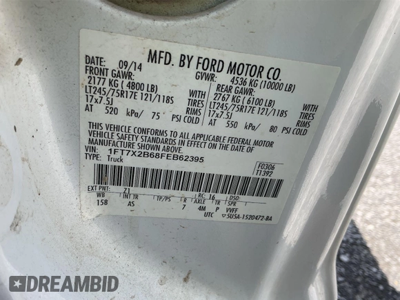 2015 Ford F-250 XLT with VIN 1FT7X2B68FEB62395, listed as a IAAI auction lot 42726836 with 113,535 mi miles and . Bid and sale history available at DreamBid. Image 13.