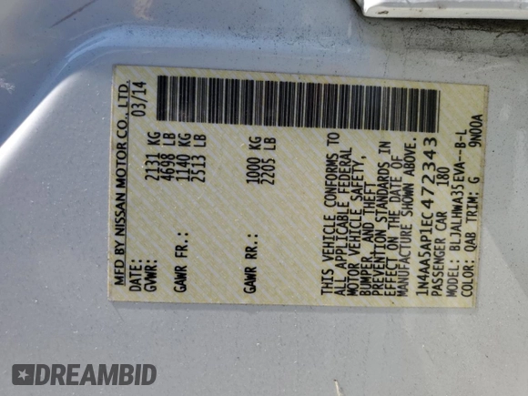 2014 Nissan Maxima S with VIN 1N4AA5AP1EC472343, listed as a Copart auction lot 87452044 with 125,078 mi miles and Non Repairable. Bid and sale history available at DreamBid. Image 12.