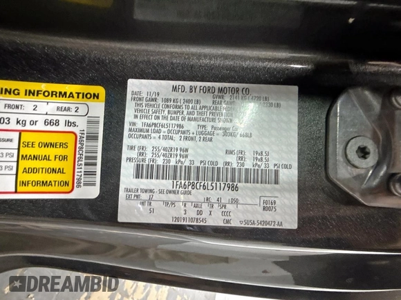 2020 Ford Mustang GT with VIN 1FA6P8CF6L5117986, listed as a Copart auction lot 63853325 with 36,251 mi miles and Clean title. Bid and sale history available at DreamBid. Image 10.