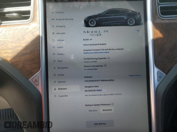 2017 Tesla Model S 100D with VIN 5YJSA1E20HF194600, listed as a Copart auction lot 49068495 with 52,023 mi miles and Salvage title. Bid and sale history available at DreamBid. Image 9.