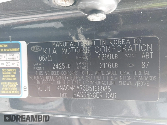 2011 Kia Optima LX z VIN KNAGM4A73B5166988, wystawiony jako IAAI lot #41689192 z przebiegiem 149 123 mil mil oraz . Historia ofert i sprzedaży dostępna na DreamBid. Obrazek 9.