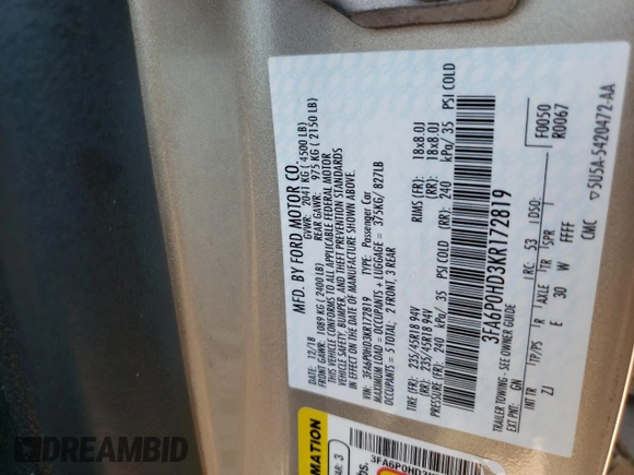 2019 Ford Fusion SE with VIN 3FA6P0HD3KR172819, listed as a Copart auction lot 66011524 with 57,895 mi miles and Salvage Title. Bid and sale history available at carsss.com. Image 12.