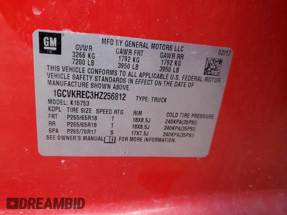 2017 Chevrolet Silverado 1500 LT with VIN 1GCVKREC3HZ256812, listed as a Copart auction lot 55629105 with 111,921 mi miles and Salvage Title. Bid and sale history available at DreamBid. Image 12.