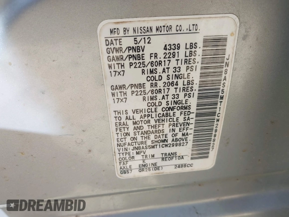 2012 Nissan Rogue SL with VIN JN8AS5MT1CW299827, listed as a IAAI auction lot 41832224 with 201,235 mi miles and . Bid and sale history available at DreamBid. Image 9.