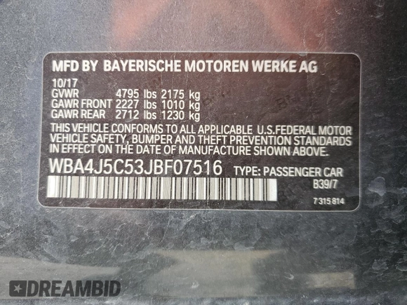 2018 BMW 4 Series 440i with VIN WBA4J5C53JBF07516, listed as a Copart auction lot 86118784 with 154,460 mi miles and Salvage Title. Bid and sale history available at DreamBid. Image 14.