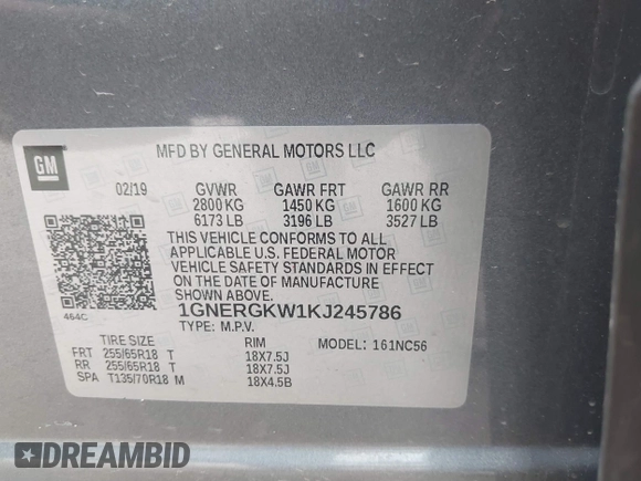 2019 Chevrolet Traverse LT Cloth with VIN 1GNERGKW1KJ245786, listed as a IAAI auction lot 41790476 with 93,445 mi miles and . Bid and sale history available at DreamBid. Image 9.