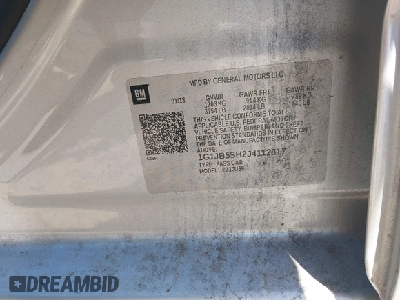 2018 Chevrolet Sonic LS with VIN 1G1JB5SH2J4112817, listed as a IAAI auction lot 41620486 with 60,479 mi miles and . Bid and sale history available at DreamBid. Image 9.