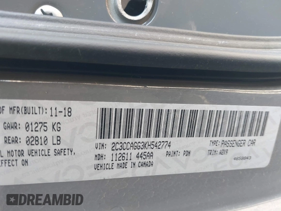 2019 Chrysler 300 with VIN 2C3CCAGG3KH542774, listed as a IAAI auction lot 41852107 with 55,364 mi miles. Bid and sale history available at carsss.com. Image 9.