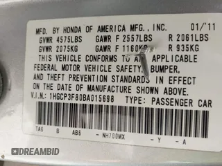 2011 Honda Accord EX-L with VIN 1HGCP3F80BA015698, listed as a IAAI auction lot 42793628 with Not provided miles and . Bid and sale history available at DreamBid. Image 9.