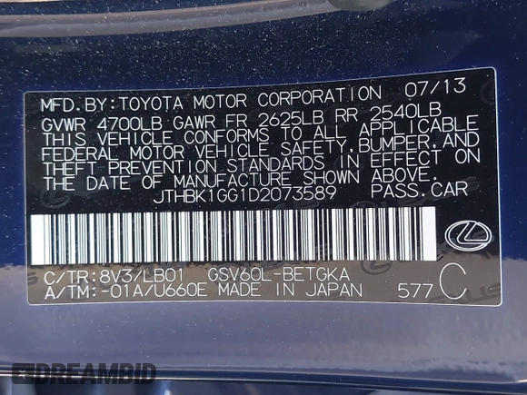 2013 Lexus ES 4dr Sdn with VIN JTHBK1GG1D2073589, listed as a IAAI auction lot 41773082 with 91,356 mi miles. Bid and sale history available at carsss.com. Image 9.