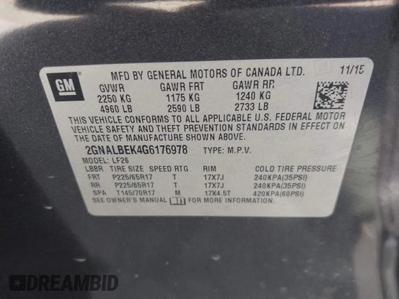 2016 Chevrolet Equinox LS with VIN 2GNALBEK4G6176978, listed as a IAAI auction lot 41665460 with 125,120 mi miles and . Bid and sale history available at carsss.com. Image 9.
