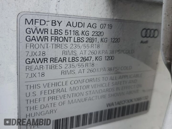 2019 Audi Q3 Premium with VIN WA1AECF30K1085132, listed as a Copart auction lot 80552304 with 121,758 mi miles and Salvage Title. Bid and sale history available at carsss.com. Image 13.