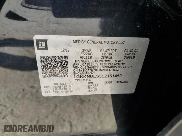 2020 GMC Acadia SLT with VIN 1GKKNULS5LZ151452, listed as a Copart auction lot 57379345 with 90,606 mi miles and Salvage title. Bid and sale history available at DreamBid. Image 12.