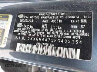 2015 Kia Optima LX with VIN 5XXGM4A75FG433164, listed as a IAAI auction lot 42537071 with 147,214 mi miles and . Bid and sale history available at DreamBid. Image 9.