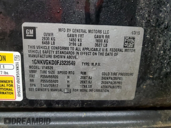 2015 Chevrolet Traverse LT with VIN 1GNKVGKD0FJ322649, listed as a Copart auction lot 52002055 with 129,240 mi miles and Clean title. Bid and sale history available at DreamBid. Image 14.