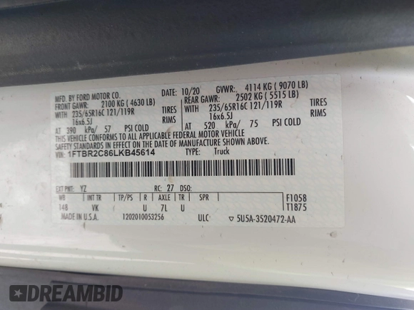 2020 Ford Transit Cargo z VIN 1FTBR2C86LKB45614, wystawiony jako IAAI lot #41665561 z przebiegiem 50 727 mil mil oraz . Historia ofert i sprzedaży dostępna na DreamBid. Obrazek 9.