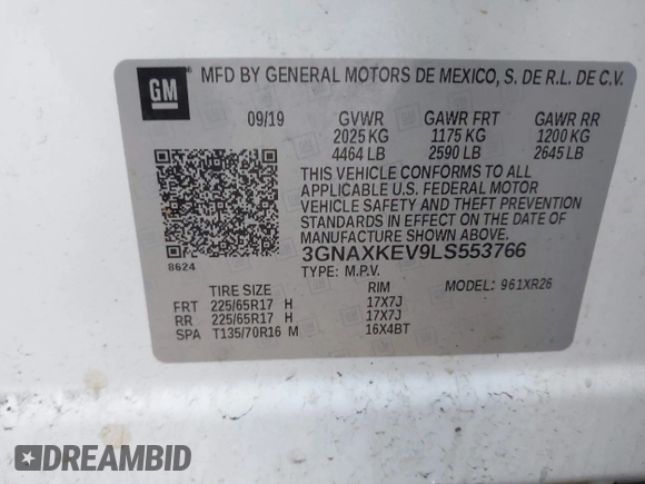 2020 Chevrolet Equinox LT z VIN 3GNAXKEV9LS553766, wystawiony jako IAAI lot #41395065 z przebiegiem 123 219 mil mil oraz . Historia ofert i sprzedaży dostępna na DreamBid. Obrazek 9.