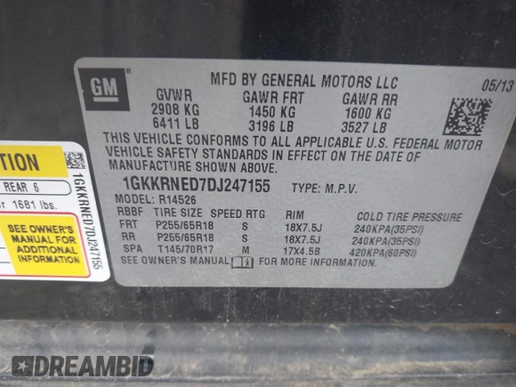 2013 GMC Acadia SLE with VIN 1GKKRNED7DJ247155, listed as a IAAI auction lot 42538897 with 161,737 mi miles and . Bid and sale history available at DreamBid. Image 9.