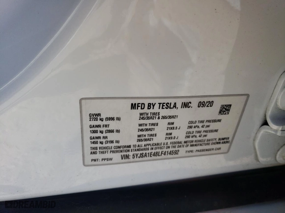 2020 Tesla Model S Performance with VIN 5YJSA1E48LF414592, listed as a Copart auction lot 80143234 with NaN miles and Salvage Title. Bid and sale history available at carsss.com. Image 12.