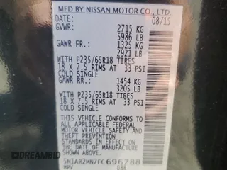 2015 Nissan Pathfinder Platinum with VIN 5N1AR2MN7FC696788, listed as a Copart auction lot 53426315 with 143,350 mi miles and Salvage Title. Bid and sale history available at DreamBid. Image 14.