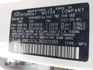 2019 Hyundai Tucson Ultimate with VIN KM8J3CAL2KU903389, listed as a IAAI auction lot 41421264 with 73,326 mi miles. Bid and sale history available at carsss.com. Image 9.