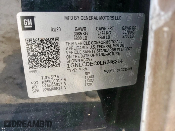 2020 Chevrolet Tahoe Commercial with VIN 1GNLCDEC0LR246214, listed as a Copart auction lot 57220935 with 91,295 mi miles and Salvage title. Bid and sale history available at DreamBid. Image 13.
