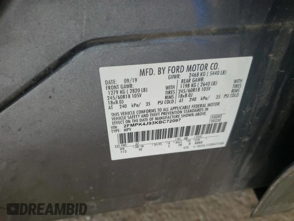 2019 Ford Edge SEL with VIN 2FMPK4J93KBC72097, listed as a Copart auction lot 59540395 with 85,891 mi miles and Salvage title. Bid and sale history available at DreamBid. Image 13.