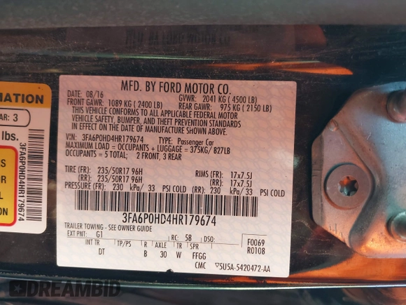 2017 Ford Fusion SE z VIN 3FA6P0HD4HR179674, wystawiony jako IAAI lot #42221747 z przebiegiem Nie podano mil oraz . Historia ofert i sprzedaży dostępna na DreamBid. Obrazek 9.