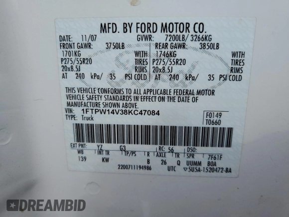 2008 Ford F-150 XLT with VIN 1FTPW14V38KC47084, listed as a Copart auction lot 49408145 with 106,547 mi miles and Salvage Title. Bid and sale history available at carsss.com. Image 14.
