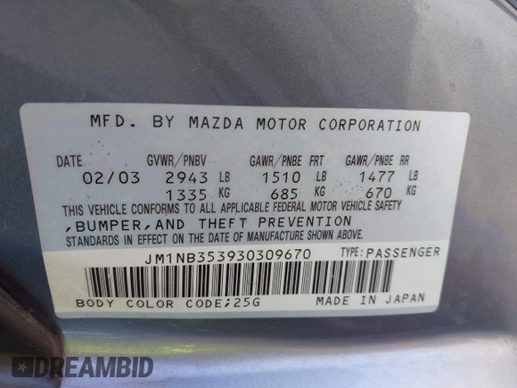 2003 Mazda MX-5 Miata Cloth with VIN JM1NB353930309670, listed as a IAAI auction lot 42234586 with 220,979 mi miles and . Bid and sale history available at DreamBid. Image 9.