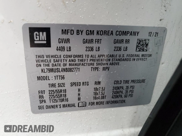 2022 Chevrolet TrailBlazer RS with VIN KL79MUSL4NB082771, listed as a Copart auction lot 46889335 with 81,296 mi miles and Salvage Title. Bid and sale history available at DreamBid. Image 13.
