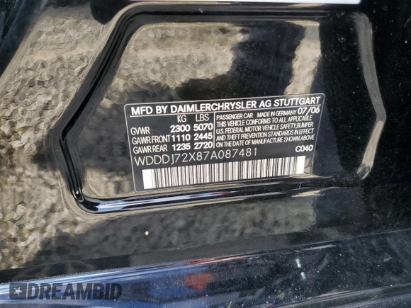 2007 Mercedes-Benz CLS-Class 5.5L with VIN WDDDJ72X87A087481, listed as a Copart auction lot 74660164 with 0 mi miles and Salvage Title. Bid and sale history available at carsss.com. Image 13.
