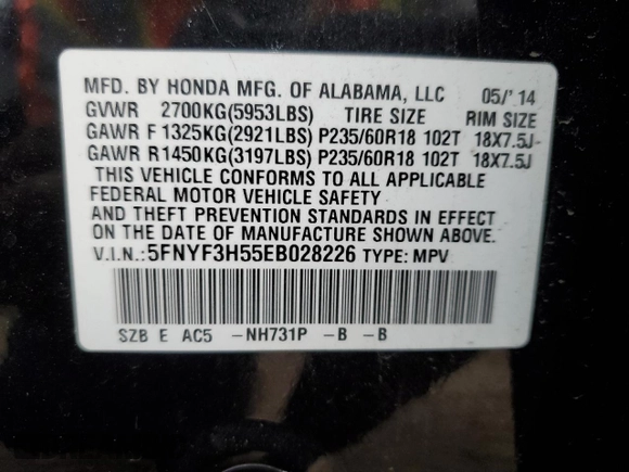 2014 Honda Pilot EX-L with VIN 5FNYF3H55EB028226, listed as a Copart auction lot 42450295 with 112,011 mi miles and Salvage Title. Bid and sale history available at carsss.com. Image 13.