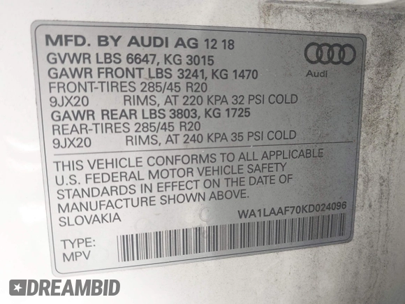 2019 Audi Q7 Premium Plus with VIN WA1LAAF70KD024096, listed as a IAAI auction lot 42564341 with 100,036 mi miles and . Bid and sale history available at DreamBid. Image 9.