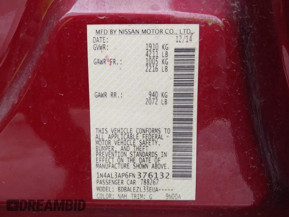 2015 Nissan Altima S with VIN 1N4AL3AP6FN376132, listed as a IAAI auction lot 41996605 with 141,326 mi miles and . Bid and sale history available at DreamBid. Image 9.
